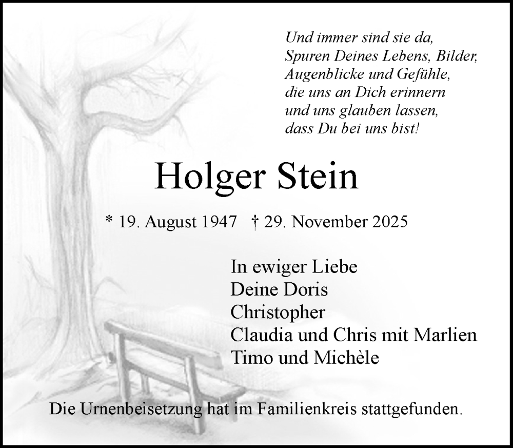  Traueranzeige für Holger Stein vom 03.01.2026 aus MARKT Ratzeburg/Mölln