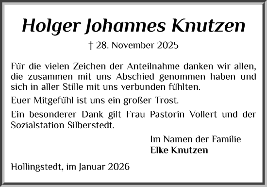 Traueranzeige von Holger Johannes Knutzen von Schleswiger Nachrichten, Schlei-Bote