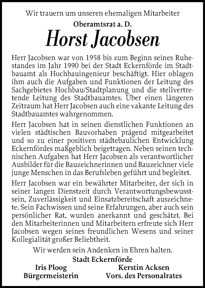  Traueranzeige für Horst Jacobsen vom 31.01.2026 aus Eckernförder Zeitung, Hallo Eckernförde