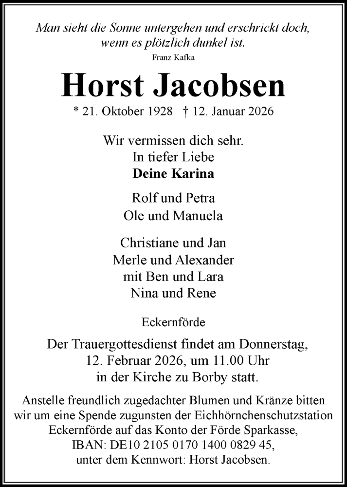  Traueranzeige für Horst Jacobsen vom 24.01.2026 aus Eckernförder Zeitung, Hallo Eckernförde
