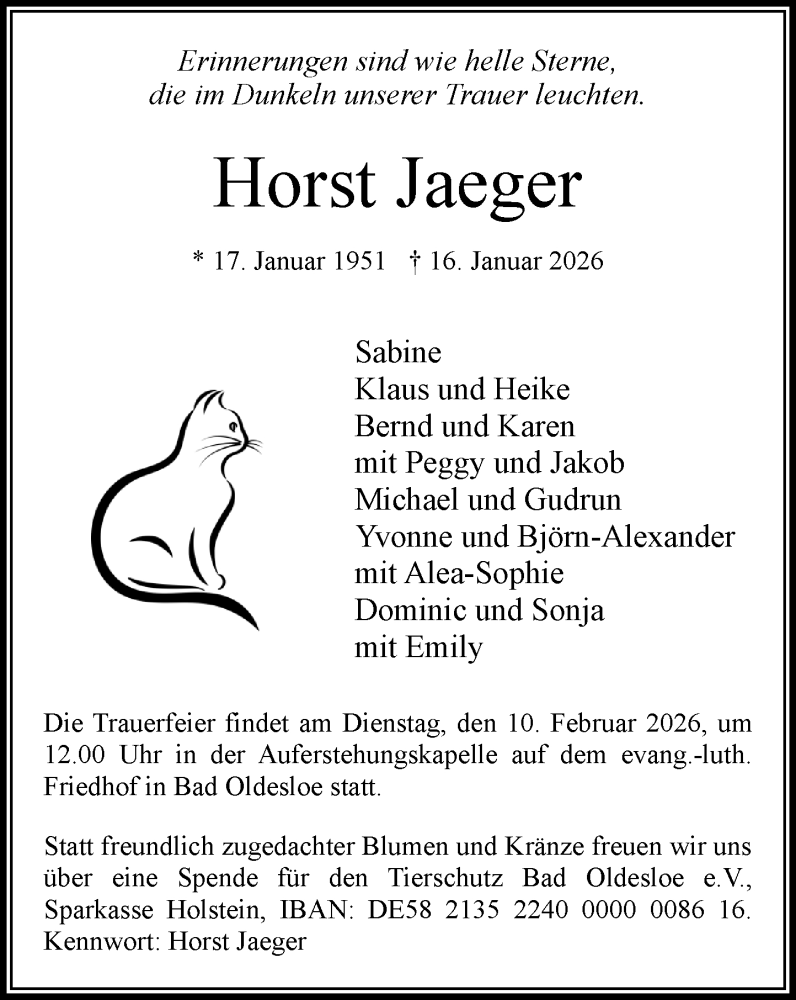  Traueranzeige für Horst Jaeger vom 31.01.2026 aus MARKT Bad Oldesloe/Reinfeld und Stormarner Tageblatt