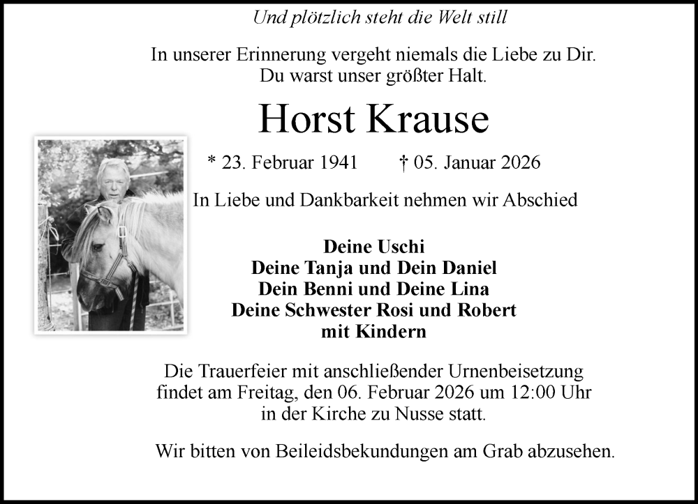  Traueranzeige für Horst Krause vom 31.01.2026 aus MARKT Ratzeburg/Mölln