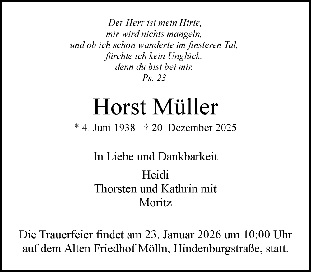  Traueranzeige für Horst Müller vom 17.01.2026 aus MARKT Ratzeburg/Mölln