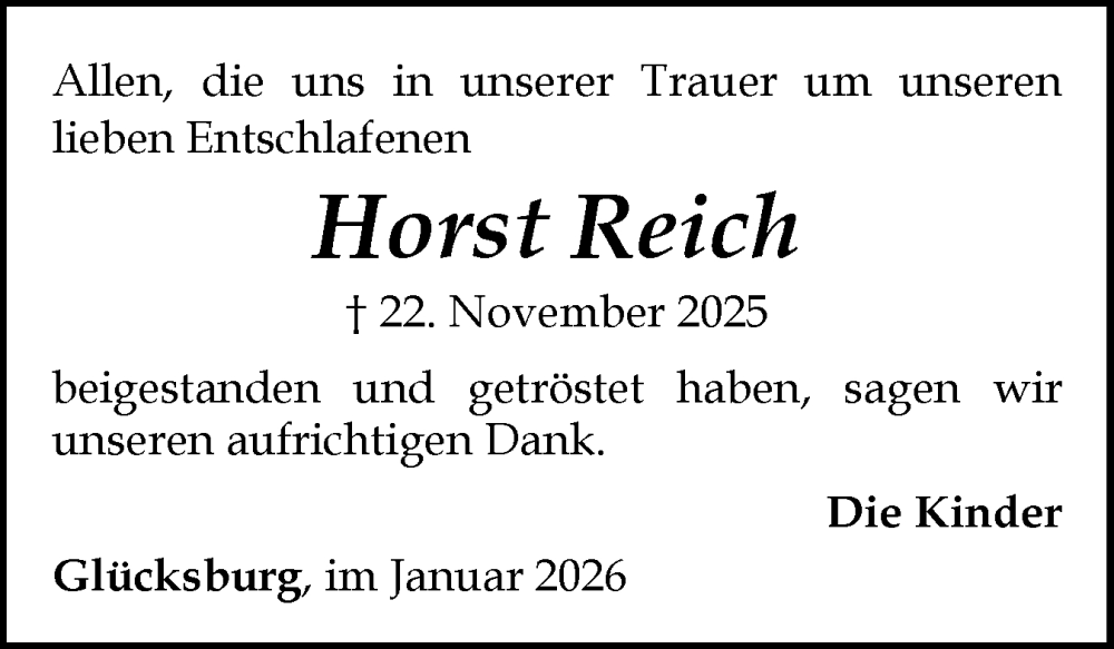  Traueranzeige für Horst Reich vom 10.01.2026 aus Flensburger Tageblatt