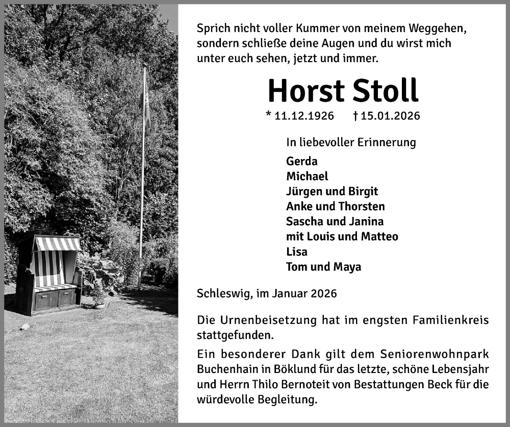  Traueranzeige für Horst Stoll vom 31.01.2026 aus Schleswiger Nachrichten, Schlei-Bote