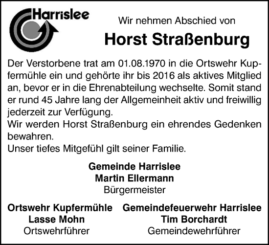 Traueranzeige von Horst Straßenburg von Flensburger Tageblatt