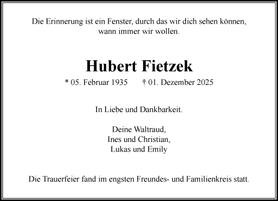 Traueranzeige von Hubert Fietzek von MARKT Ahrensburg/Bargteheide/Trittau und Stormarner Tageblatt