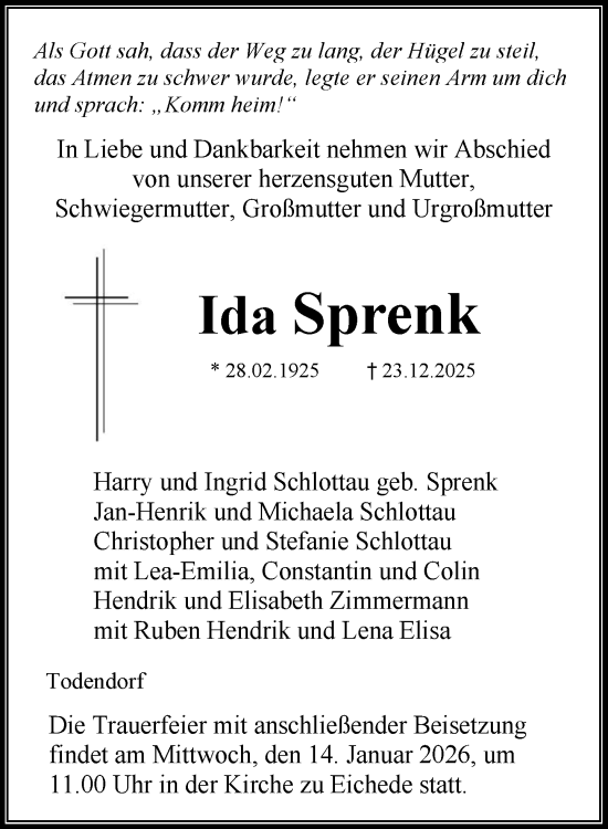 Traueranzeige von Ida Sprenk von MARKT Ahrensburg/Bargteheide/Trittau und Stormarner Tageblatt