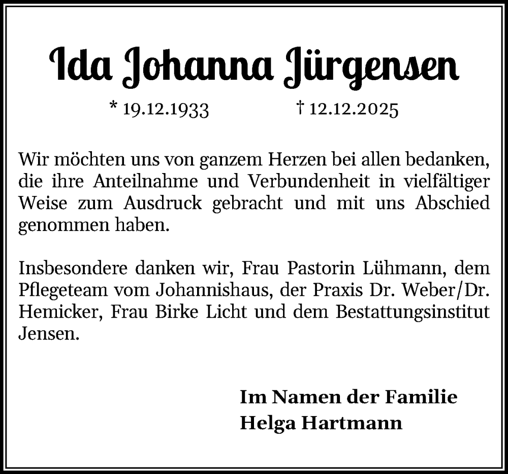  Traueranzeige für Ida Johanna Jürgensen vom 10.01.2026 aus Der Insel-Bote