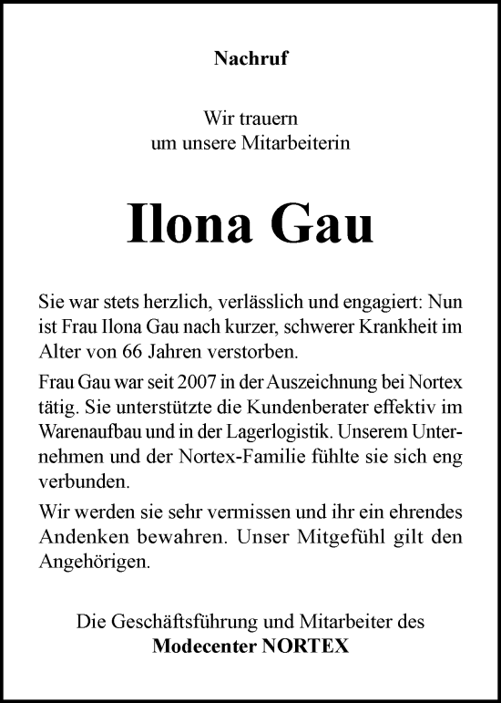 Traueranzeige von Ilona Gau von Holsteinischer Courier