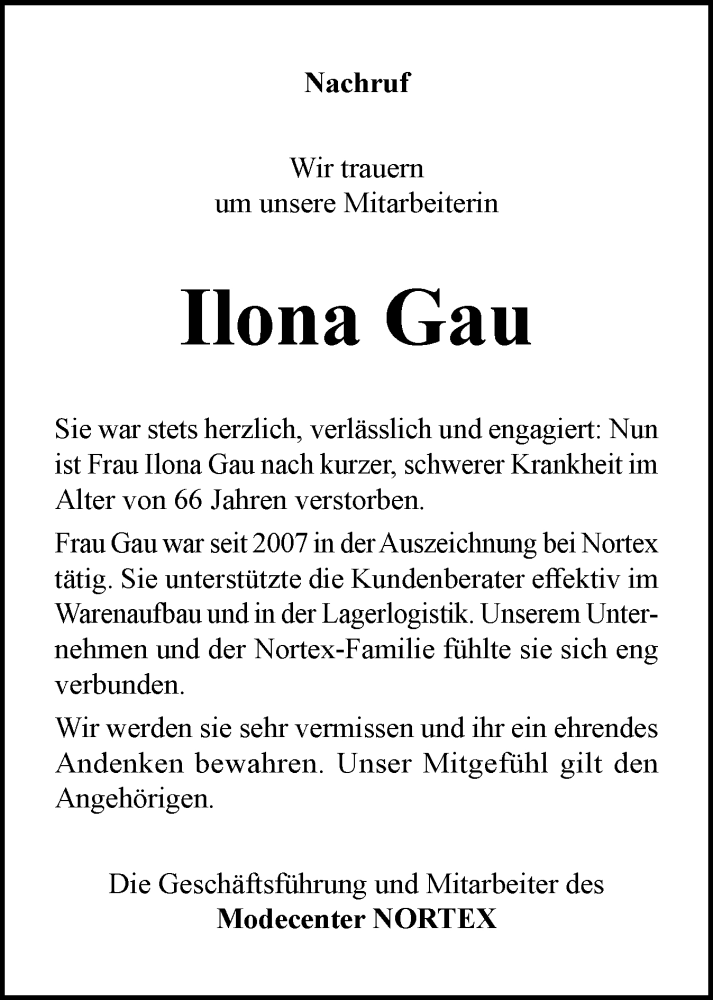  Traueranzeige für Ilona Gau vom 31.01.2026 aus Holsteinischer Courier