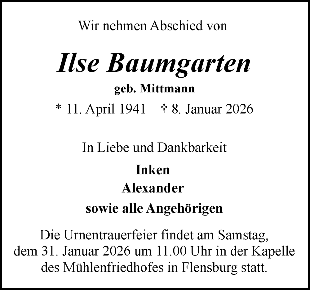  Traueranzeige für Ilse Baumgarten vom 17.01.2026 aus Flensburger Tageblatt