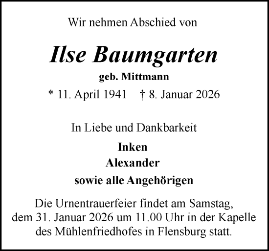Traueranzeige von Ilse Baumgarten von Flensburger Tageblatt