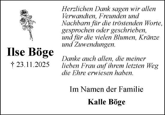 Traueranzeige von Ilse Böge von Elmshorner Nachrichten, Barmstedter Zeitung