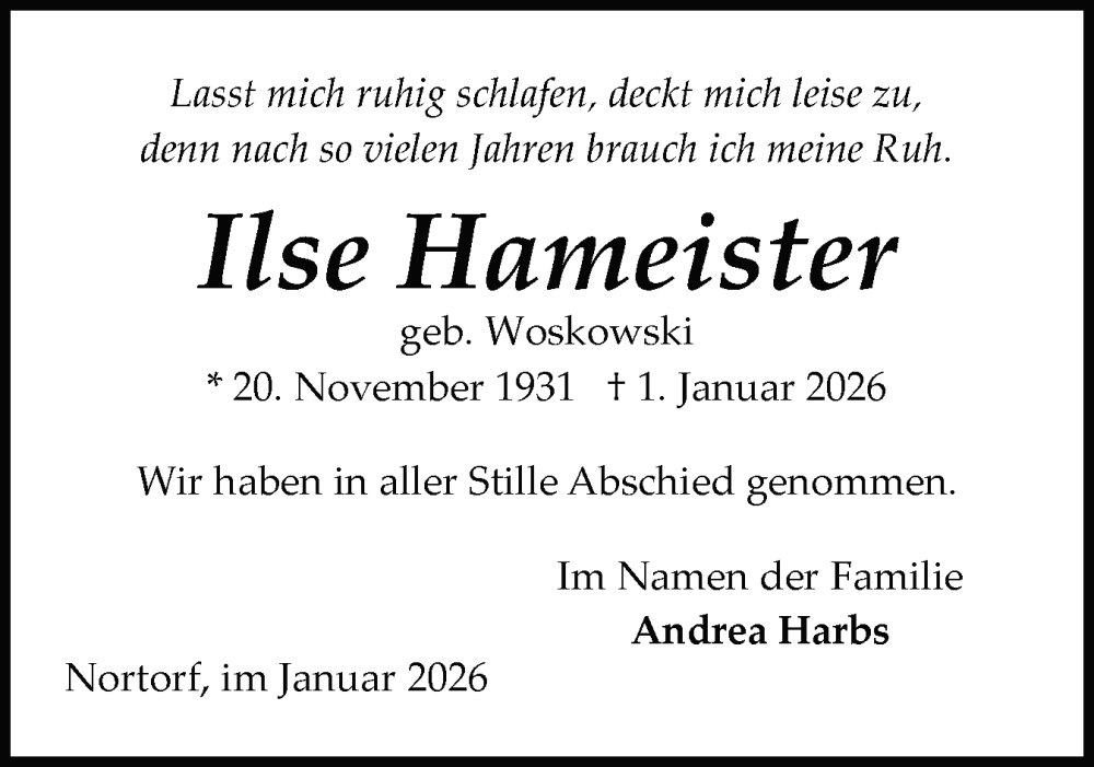  Traueranzeige für Ilse Hameister vom 17.01.2026 aus Schleswig-Holsteinische Landeszeitung