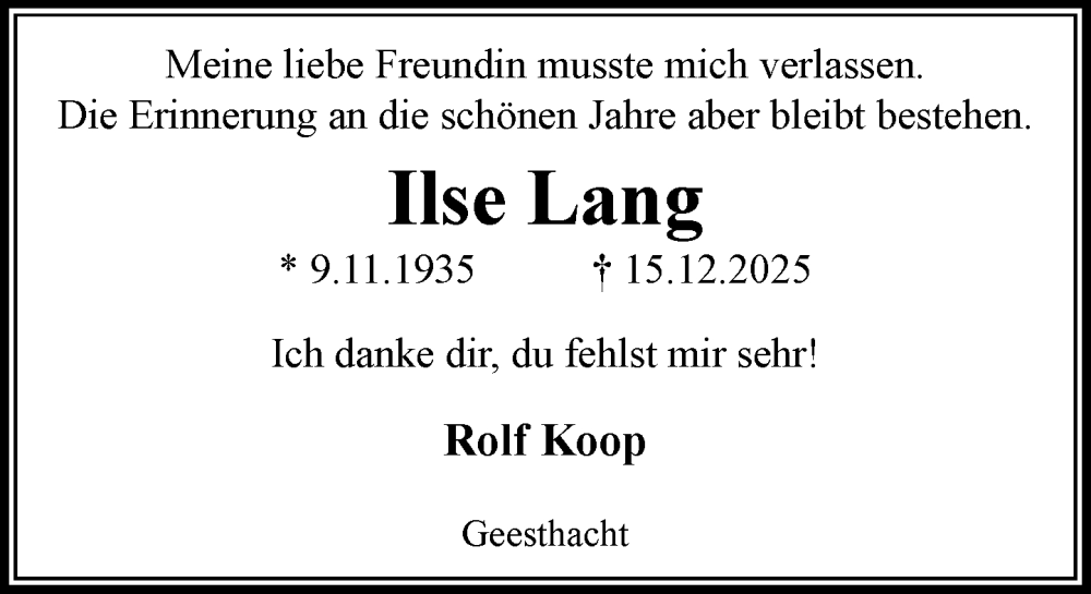  Traueranzeige für Ilse Lang vom 03.01.2026 aus Wochenend Anzeiger