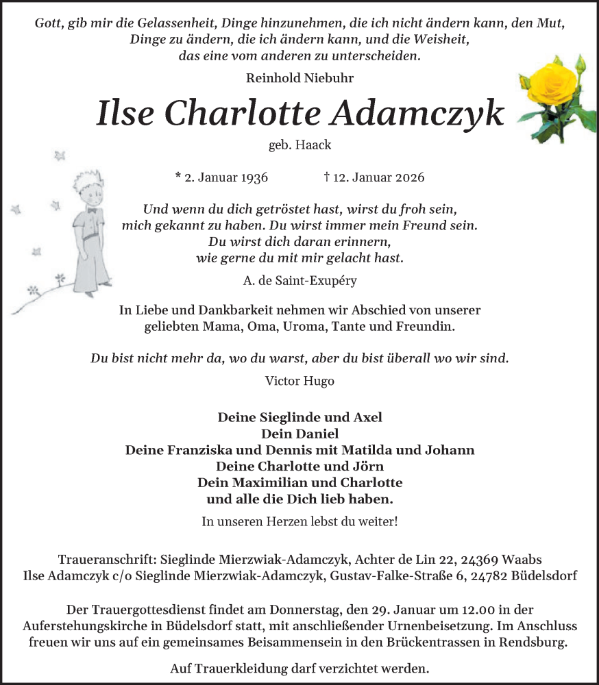  Traueranzeige für Ilse Charlotte Adamczyk vom 28.01.2026 aus Schleswig-Holsteinische Landeszeitung