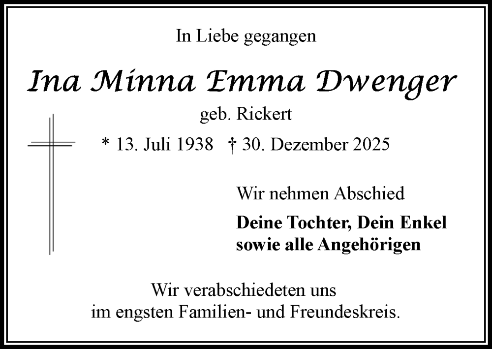  Traueranzeige für Ina Minna Emma Dwenger vom 17.01.2026 aus MARKT Bad Oldesloe/Reinfeld und Stormarner Tageblatt