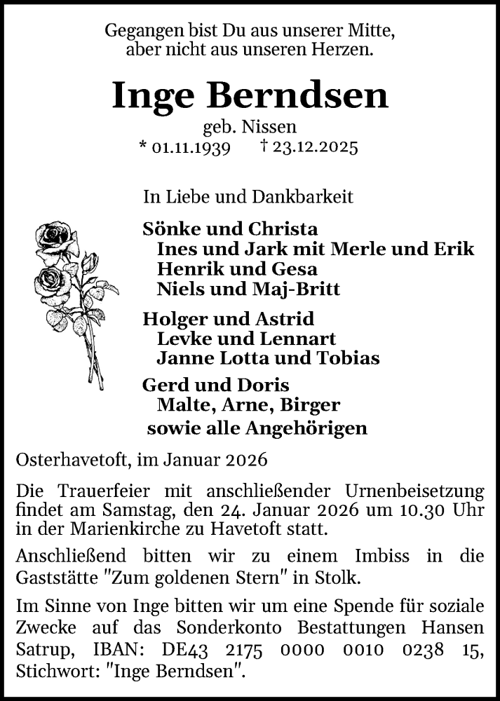  Traueranzeige für Inge Berndsen vom 10.01.2026 aus Region Flensburg