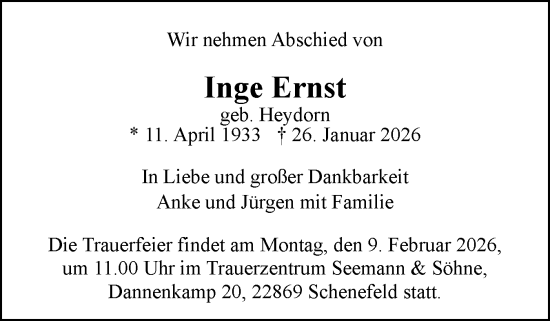 Traueranzeige von Inge Ernst von Region Pinneberg und tip Pinneberg