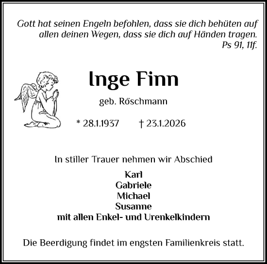 Traueranzeige von Inge Finn von Holsteinischer Courier