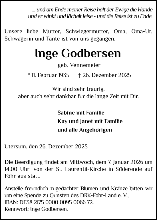 Traueranzeige von Inge Godbersen von Der Insel-Bote