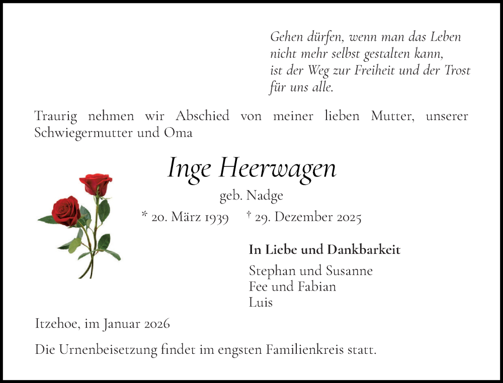  Traueranzeige für Inge Heerwagen vom 17.01.2026 aus Norddeutsche Rundschau, Wilstersche Zeitung, Glückstädter Fortuna