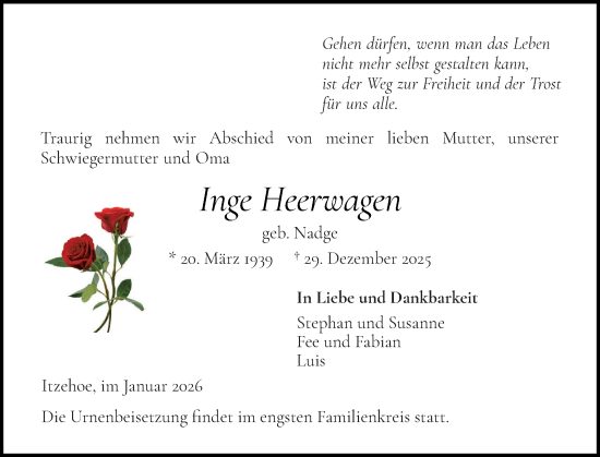 Traueranzeige von Inge Heerwagen von Norddeutsche Rundschau, Wilstersche Zeitung, Glückstädter Fortuna
