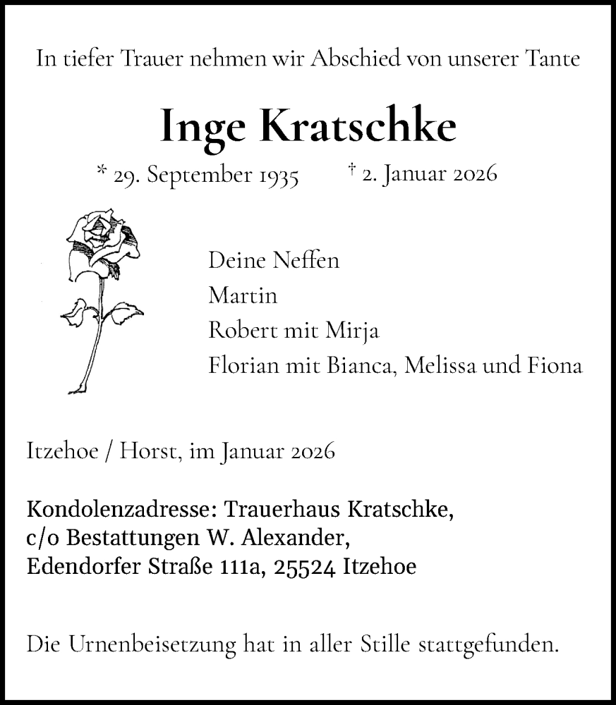  Traueranzeige für Inge Kratschke vom 24.01.2026 aus Norddeutsche Rundschau, Wilstersche Zeitung, Glückstädter Fortuna