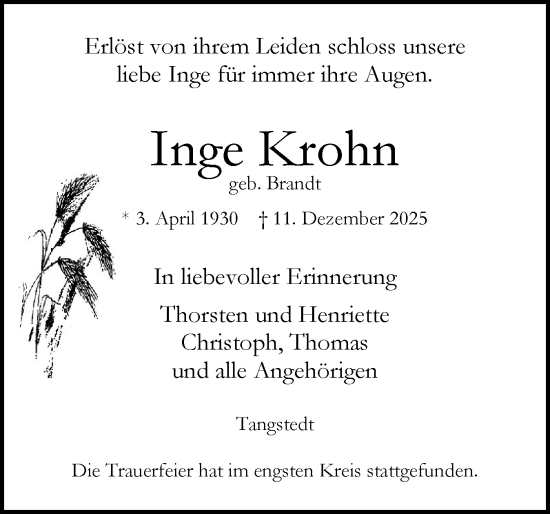 Traueranzeige von Inge Krohn von Region Pinneberg und tip Pinneberg