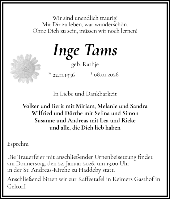 Traueranzeige von Inge Tams von Schleswig-Holsteinische Landeszeitung