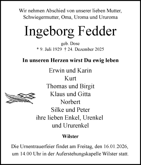 Traueranzeige von Ingeborg Fedder von Norddeutsche Rundschau, Wilstersche Zeitung, Glückstädter Fortuna