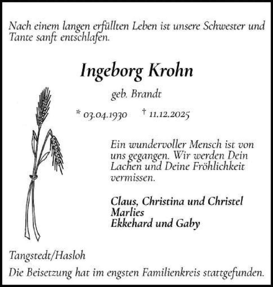  Traueranzeige für Ingeborg Krohn vom 17.01.2026 aus tip Gesamtausgabe