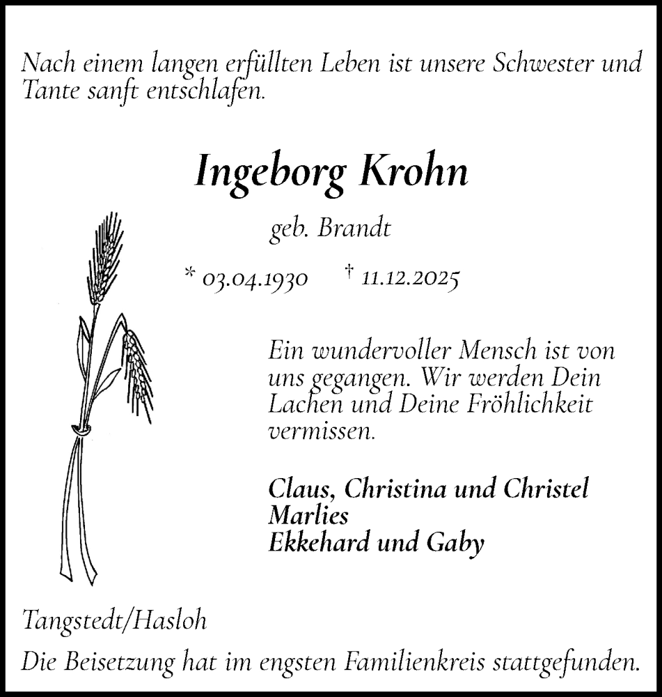  Traueranzeige für Ingeborg Krohn vom 03.01.2026 aus Region Pinneberg und tip Pinneberg