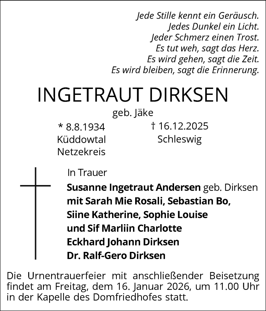  Traueranzeige für Ingetraut Dirksen vom 10.01.2026 aus Schleswiger Nachrichten, Schlei-Bote