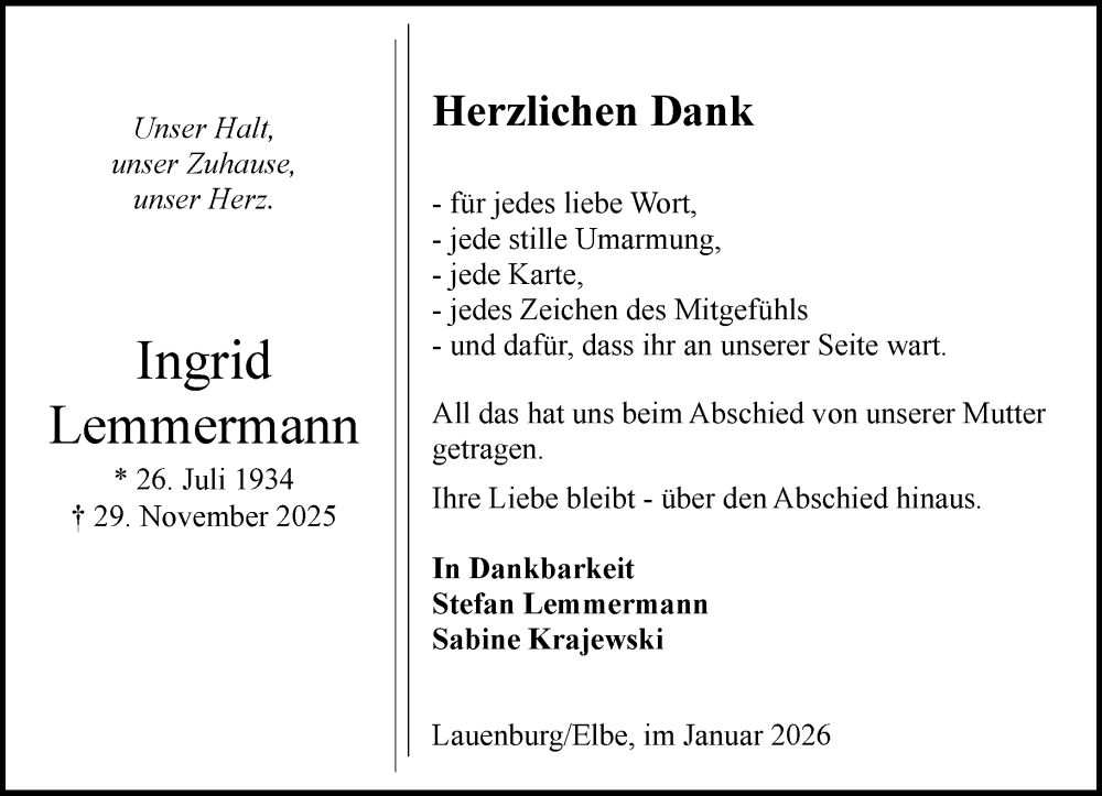  Traueranzeige für Ingrid Lemmermann vom 10.01.2026 aus Wochenend Anzeiger