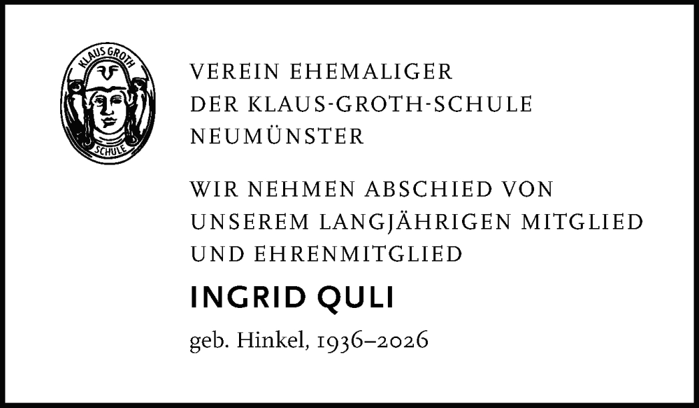 Traueranzeige für Ingrid Quli vom 17.01.2026 aus Holsteinischer Courier