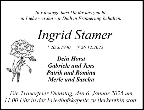 Traueranzeige von Ingrid Stamer von MARKT Ratzeburg/Mölln