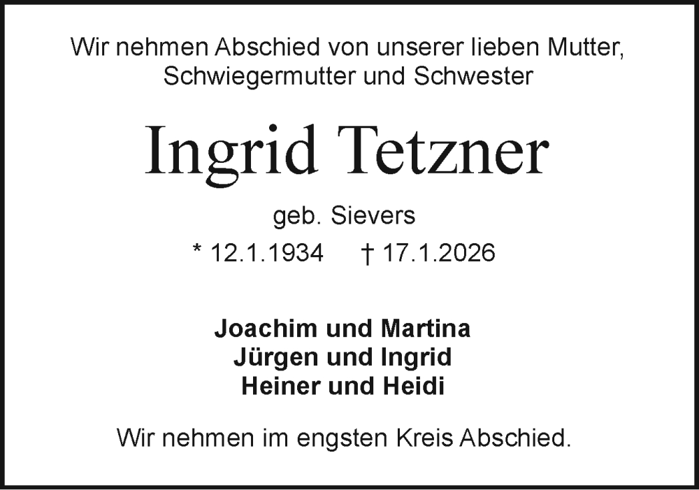  Traueranzeige für Ingrid Tetzner vom 31.01.2026 aus Holsteinischer Courier