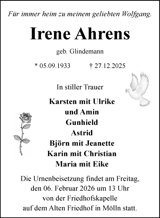 Traueranzeige von Irene Ahrens von MARKT Ratzeburg/Mölln