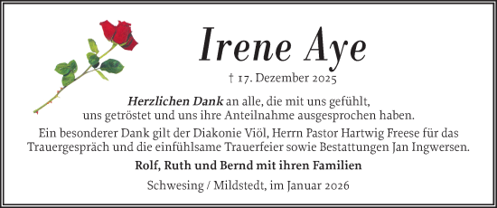 Traueranzeige von Irene Aye von Husumer Nachrichten, Nordfriesland Tageblatt