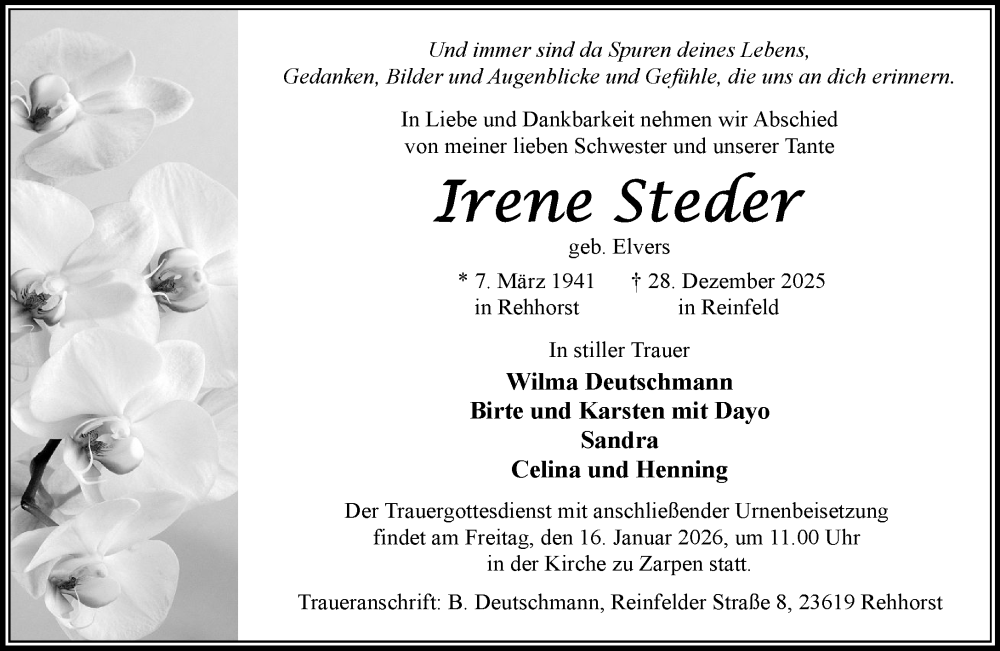  Traueranzeige für Irene Steder vom 10.01.2026 aus MARKT Bad Oldesloe/Reinfeld und Stormarner Tageblatt