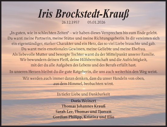 Traueranzeige von Iris Brockstedt-Krauß von Flensburger Tageblatt