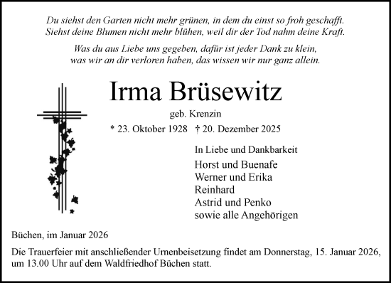 Traueranzeige von Irma Brüsewitz von Wochenend Anzeiger