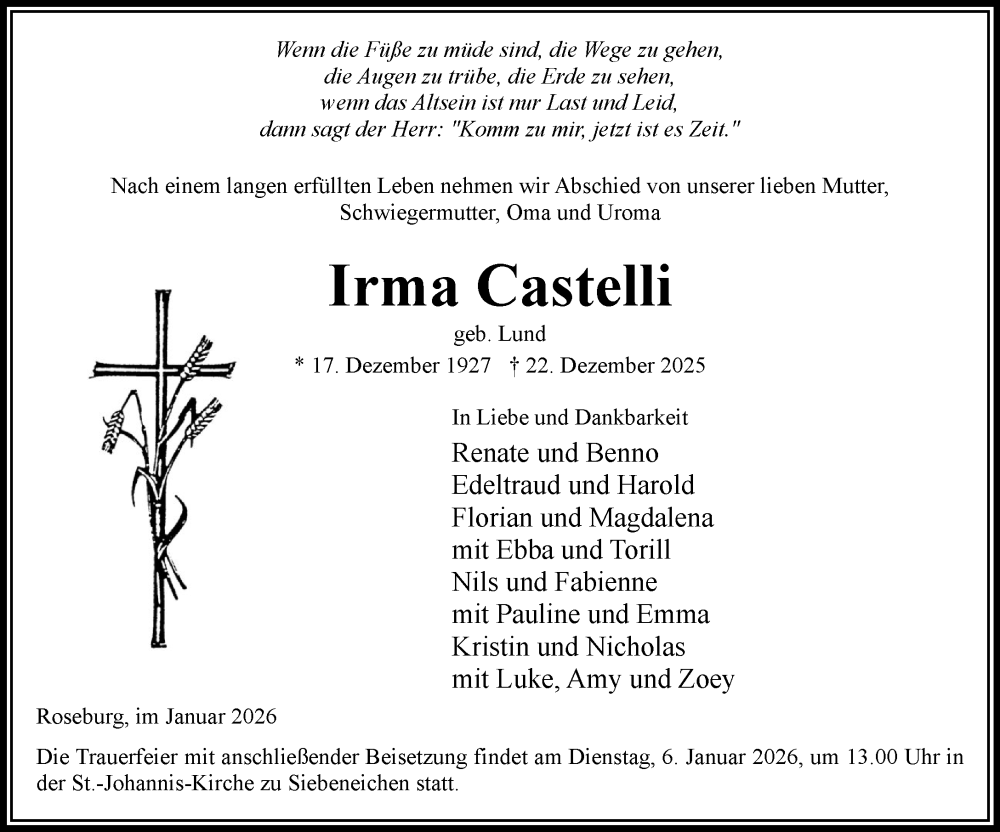  Traueranzeige für Irma Castelli vom 03.01.2026 aus Wochenend Anzeiger