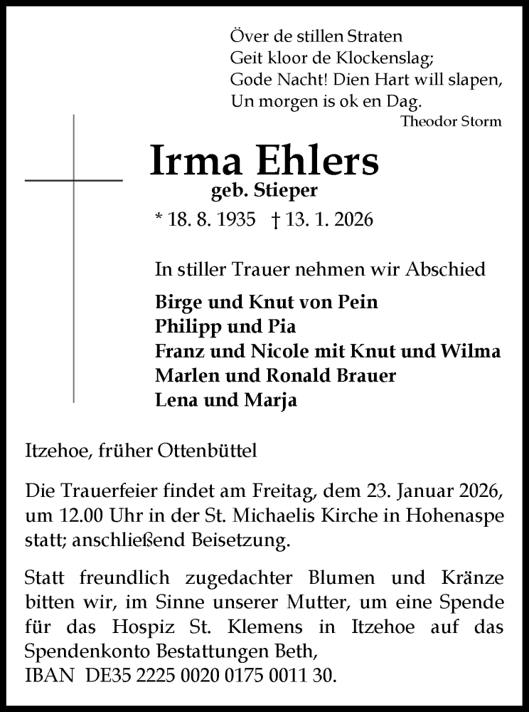  Traueranzeige für Irma Ehlers vom 17.01.2026 aus Norddeutsche Rundschau, Wilstersche Zeitung, Glückstädter Fortuna