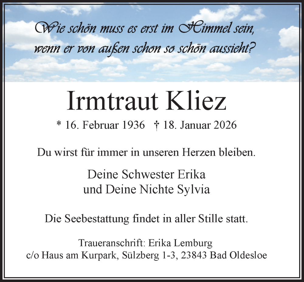  Traueranzeige für Irmtraut Kliez vom 31.01.2026 aus MARKT Bad Oldesloe/Reinfeld und Stormarner Tageblatt