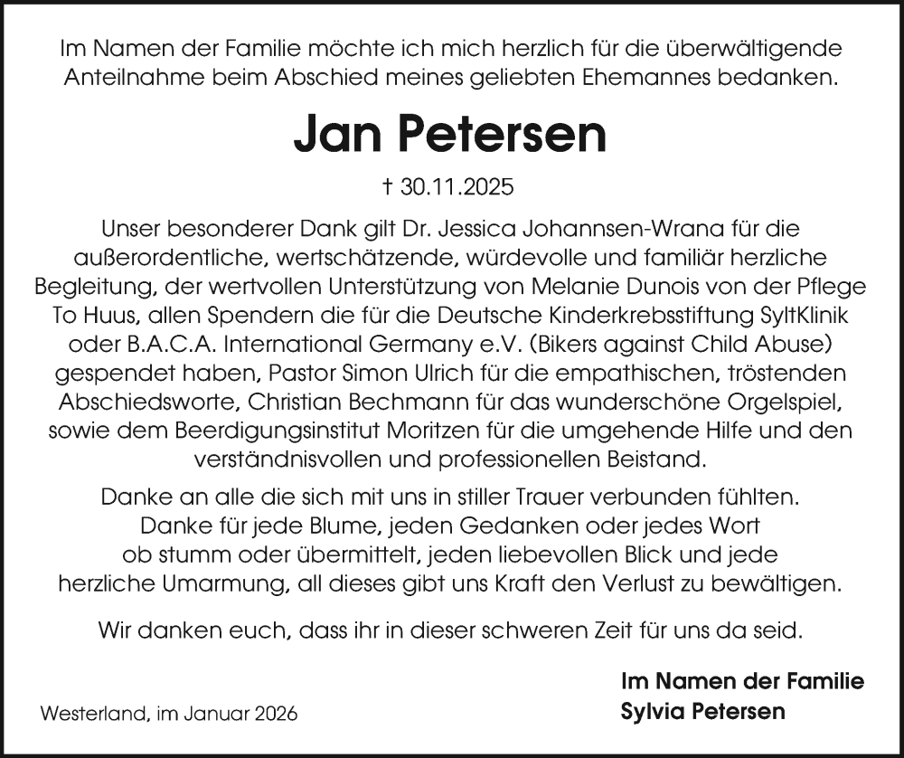  Traueranzeige für Jan Petersen vom 03.01.2026 aus Sylter Rundschau