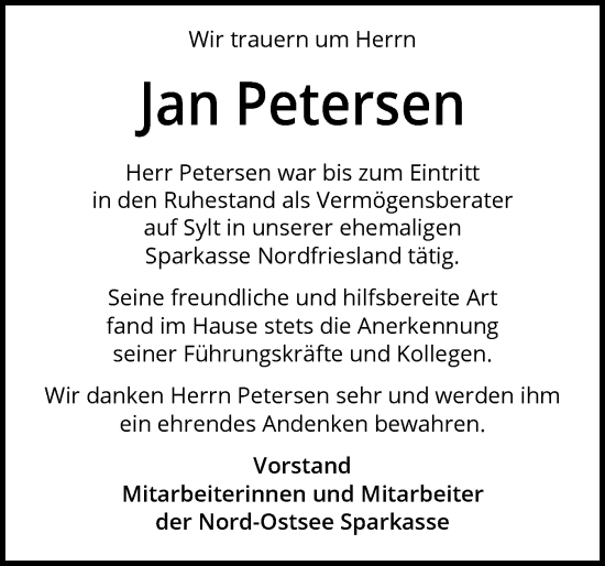 Traueranzeige von Jan Petersen von Sylter Rundschau