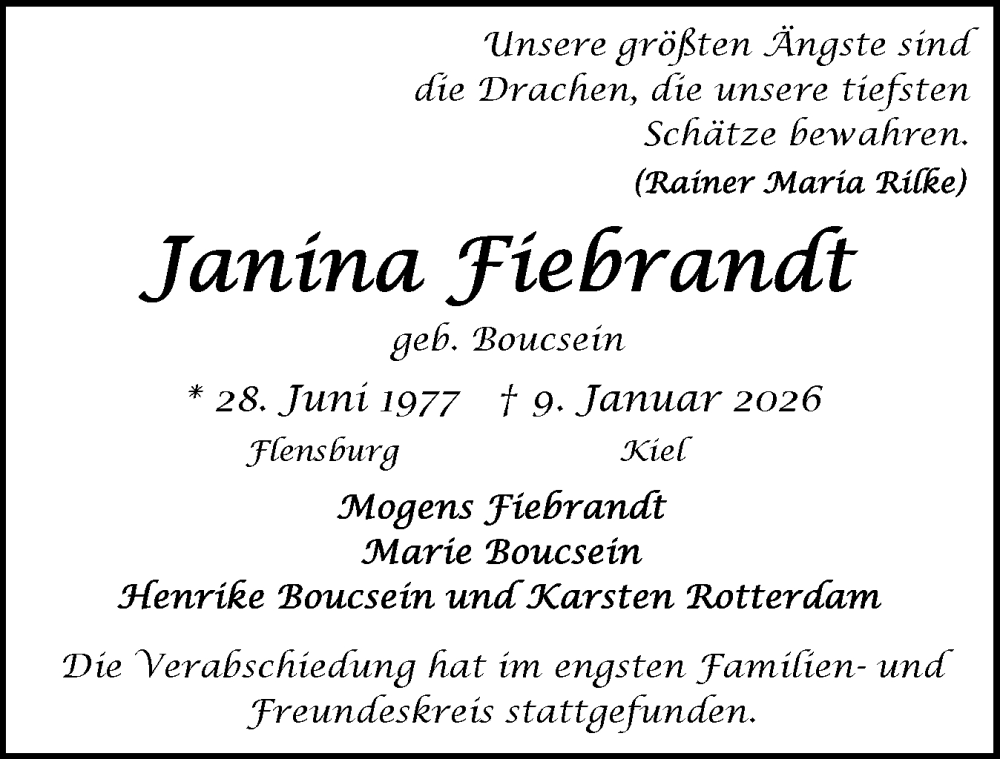 Traueranzeige für Janina Fiebrandt vom 17.01.2026 aus Flensburger Tageblatt